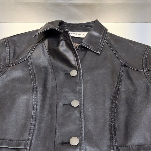 Paris Blue Faux Leather Jacket Small (3-5) Snap Buttons Leopard Trim Detail VGC - Picture 8 of 11